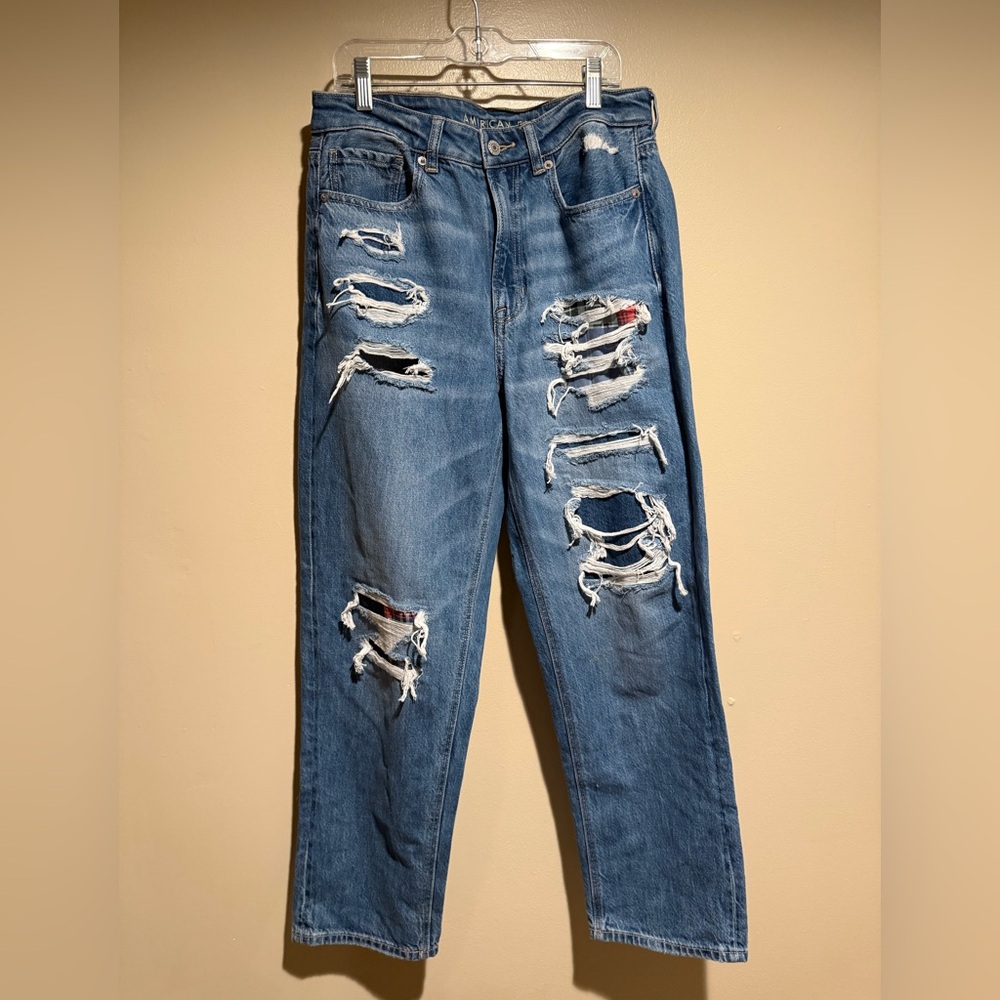 NWT American Eagle Mom Straight Jean Blue Denim plaid patchwork size 8 reg - Picture 2 of 12
